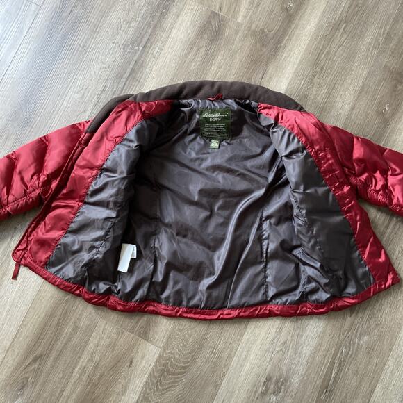 Eddie Bauer Jacket Sz M Red Quilted Goose Down Puffer Fleece Cuffs Short Shinny - Picture 12 of 16
